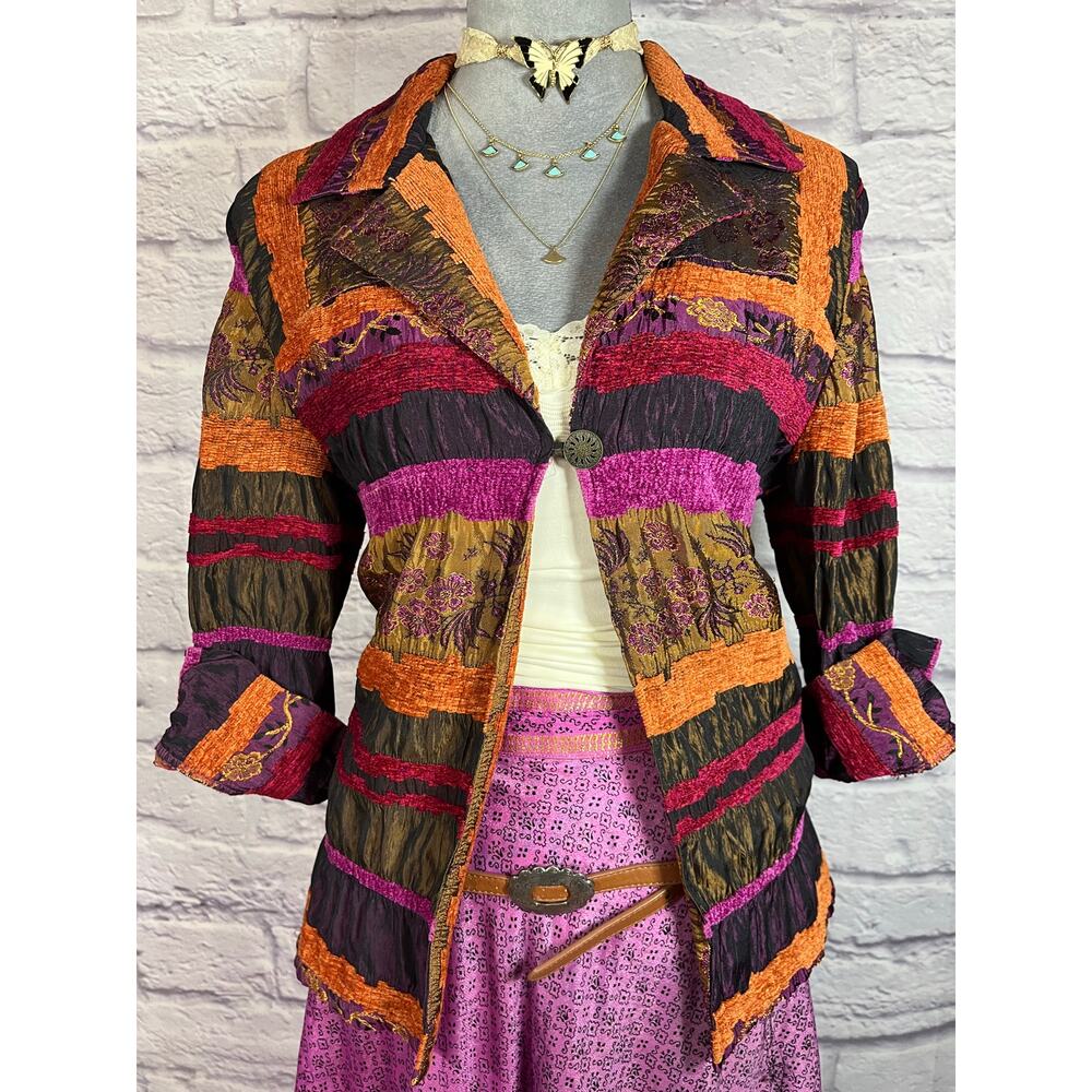 Vintage Multicolor Boho Patchwork and Chenille 3/4 length sleeve jacket - Picture 2 of 8